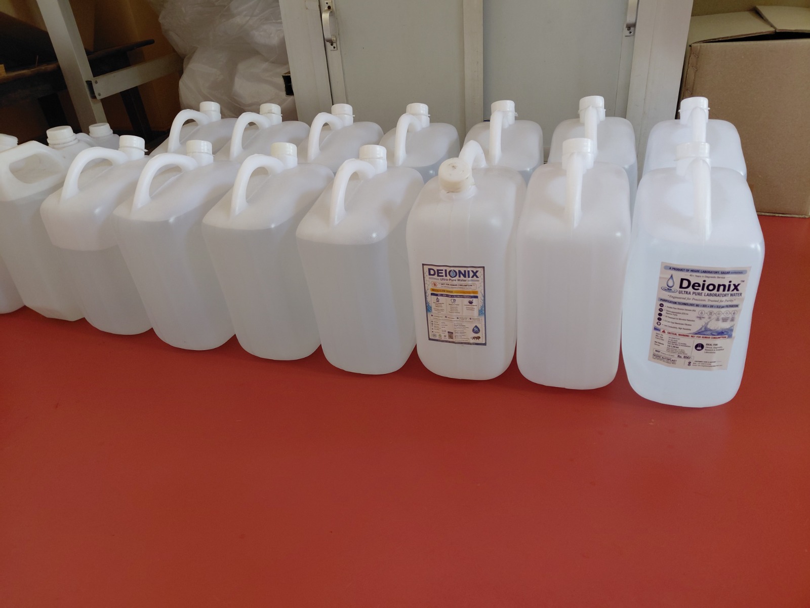 Deionix RO+EDI+UV+0.2 micron final filtration Purified Water and Deionix Ultra Pure Laboratory Water, packed and ready for dispatch